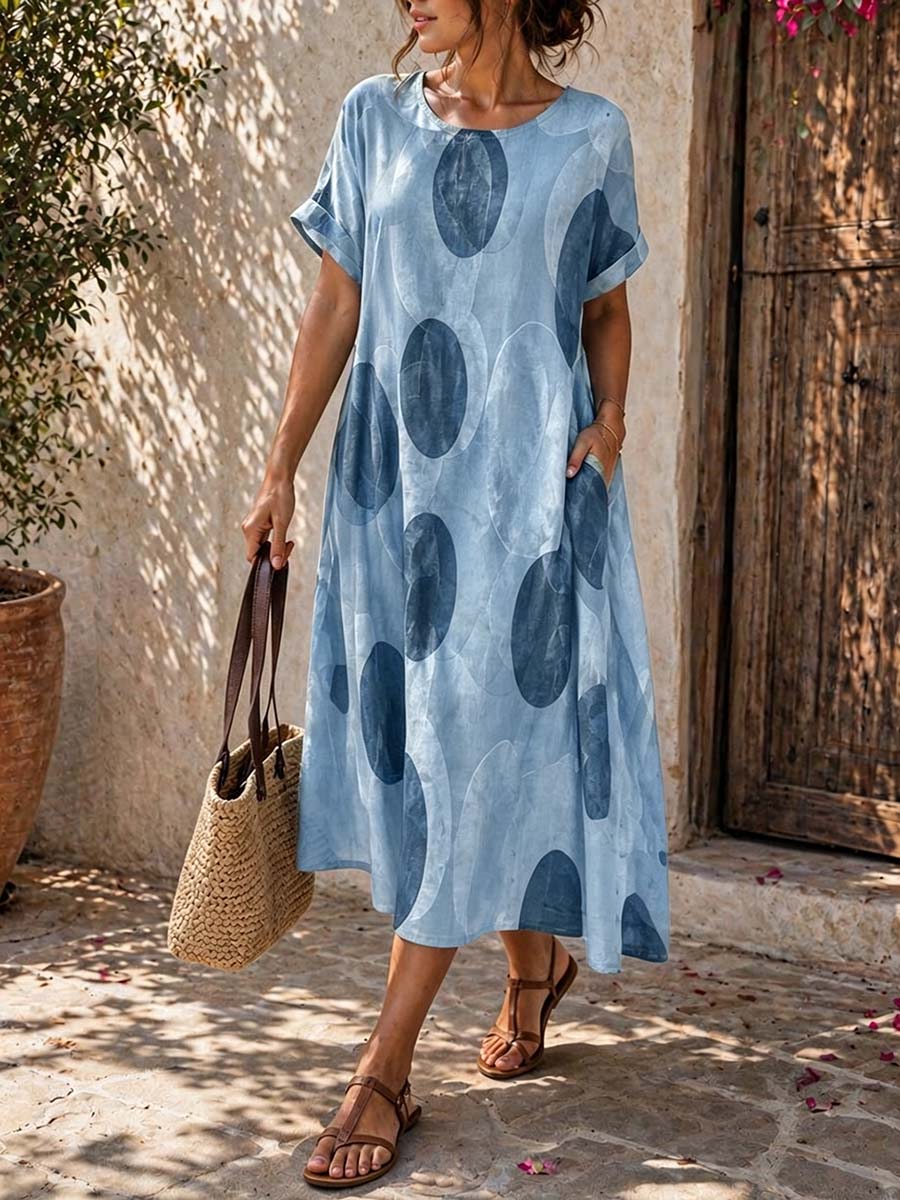 Women's Casual Loose Cotton-linen Dress With Abstract Print Round Neck And Short Sleeves
