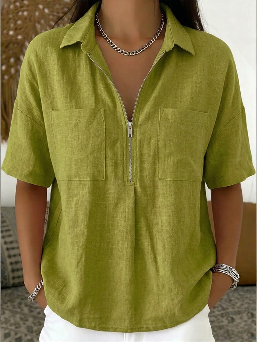 Camicia casual in lino e cotone con mezza zip