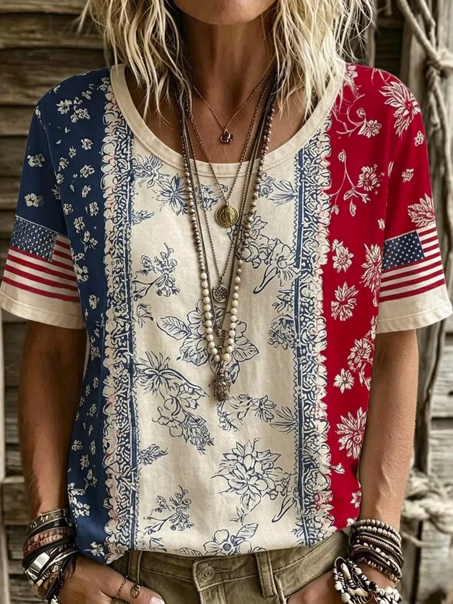 Women's Retro Floral Flag Art Print Casual Short Sleeve Cotton Linen Shirt