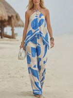 Women's Geometric Print Halter Top And Irregular Hem Pants Set