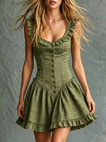 Women's Olive Green Plaid Slim-fit Mini Skirt