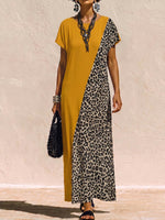 Women's Leopard Print Cotton-linen Casual Loose-fit Dress With Round Neck And Short Sleeves