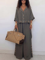 Women's Loose Button-Down Shirt & Wide-Leg Pants Two-Piece Set — Relaxed Casual Outfit with Metal Eyelet Details