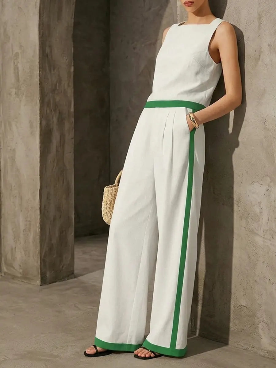 Linen & Cotton Contrast Binding Pant Set