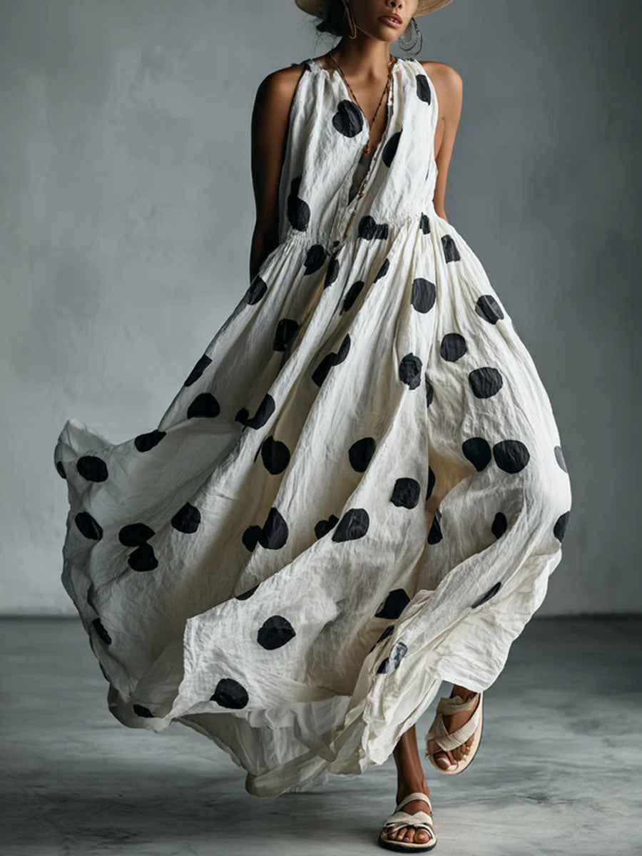 Women's Polka Dot Print V-neck Sleeveless Casual Loose Cotton-linen Dress