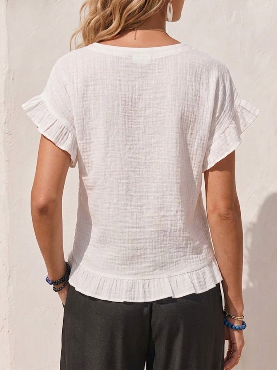 Women's Solid-color Round-neck Short-sleeve Loose-fit Cotton-linen Top
