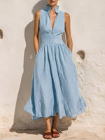 Women's Solid-color V-neck Sleeveless Loose-fit Cotton-linen Casual Dress
