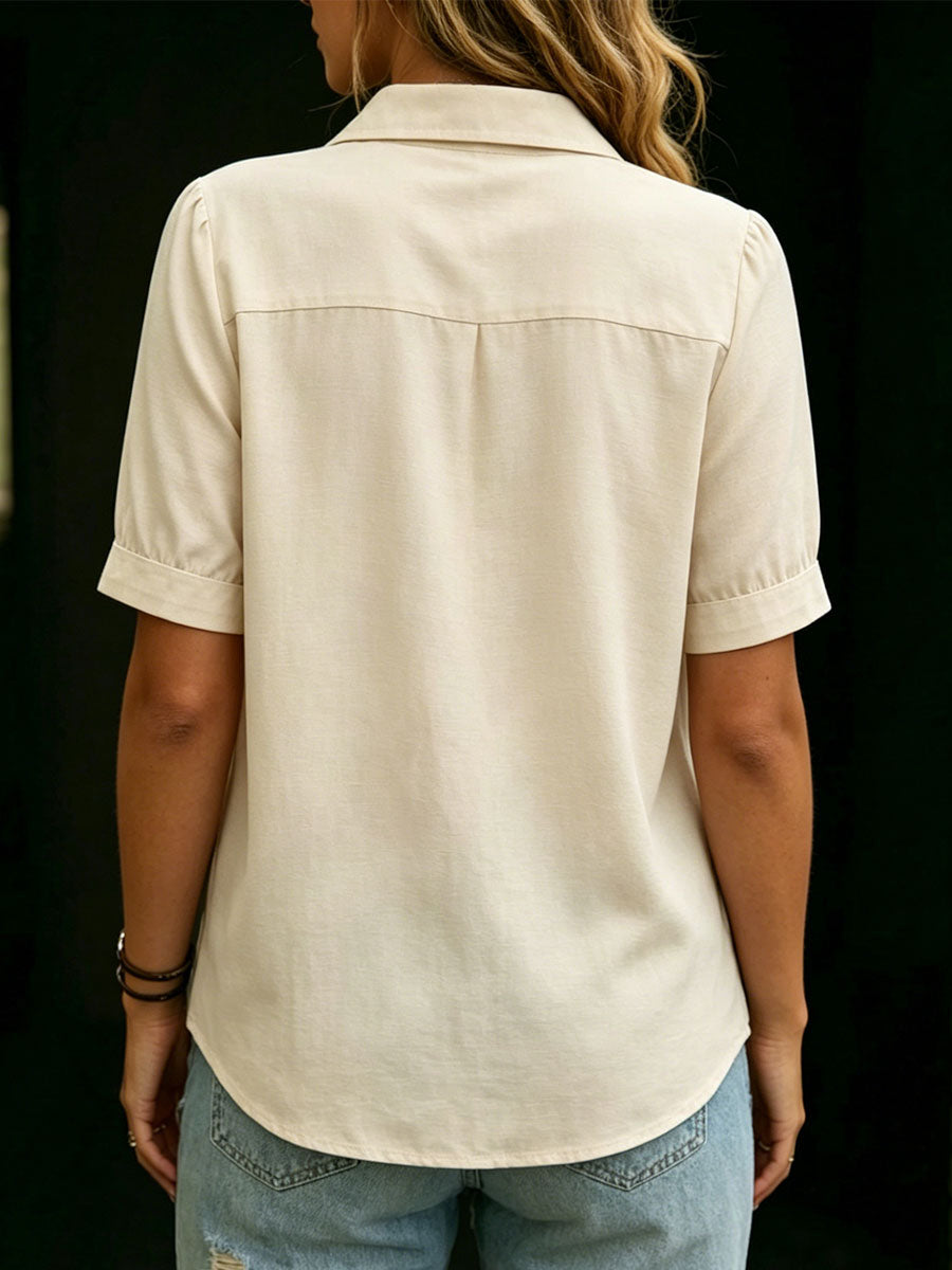 Women's Solid-color Buttons Casual Short-sleeve Cotton-linen Shirt