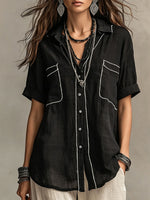 Women's Topstitched Lapel Short-sleeve Loose-fit Shirt