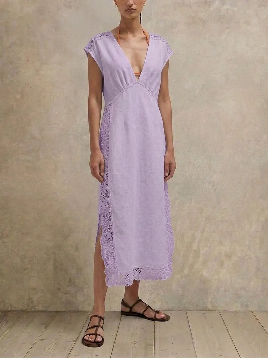 Women White Crinkled V Neck Cap Sleeve Midi Cover Up Dress, Lace Trim Side Split Beach Swimwear Kaftan for Vacation