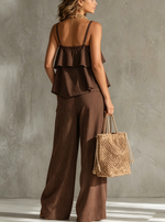Vertical-stripe Ruffled Spaghetti-strap Top + Wide-leg Pants Set