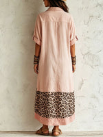 Women's Casual Loose Cotton-linen Dress With Lapel 3/4 Sleeves And Leopard Print Splicing