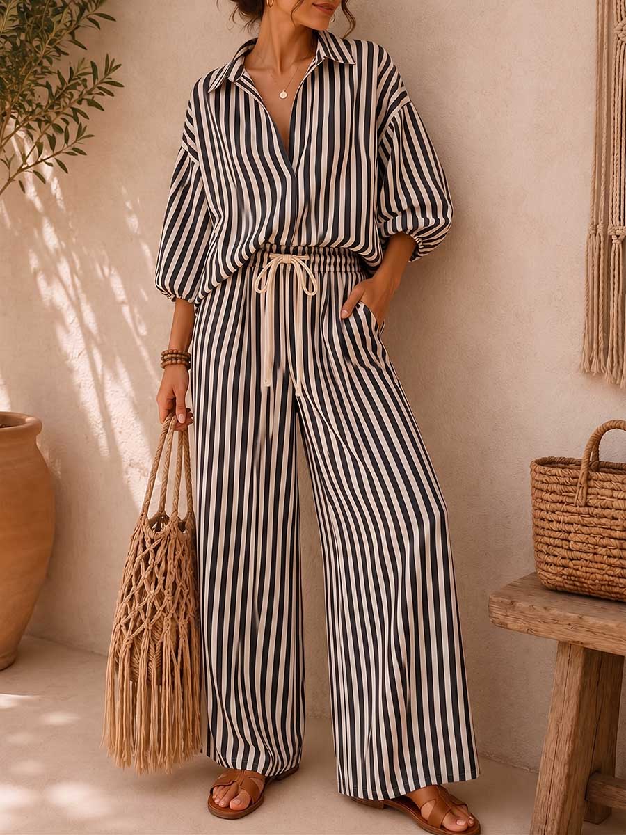 Women's Striped Print Cotton-linen Set: Loose-fit Top With Lapel & 3/4 Sleeves, And High-waisted Wide-leg Pants