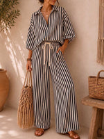 Women's Striped Print Cotton-linen Set: Loose-fit Top With Lapel & 3/4 Sleeves, And High-waisted Wide-leg Pants