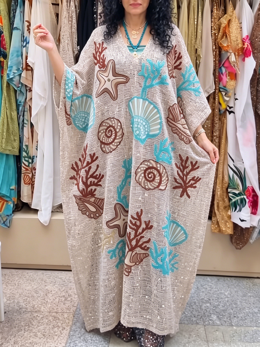 Vacation-style Knitted Kaftan Dress With Seashell And Coral Print