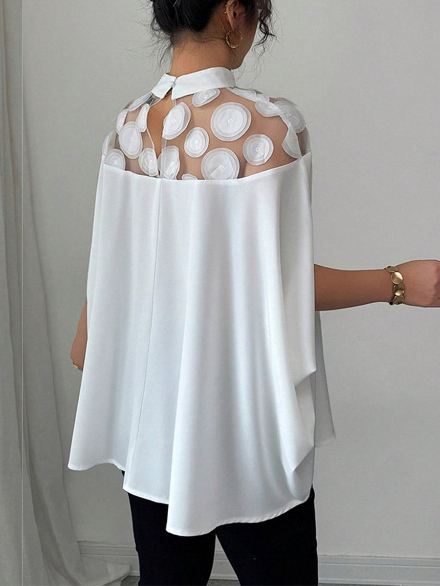 Semi-high-neck Sheer Polka-dot Paneled Loose Batwing-sleeve Top