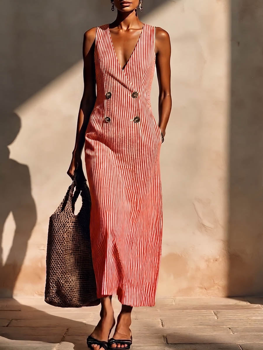 Women's Striped Print V-neck Sleeveless Casual Loose Cotton-linen Dress