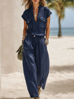 Linen-cotton V-neck Top & Wide-leg Pants Set