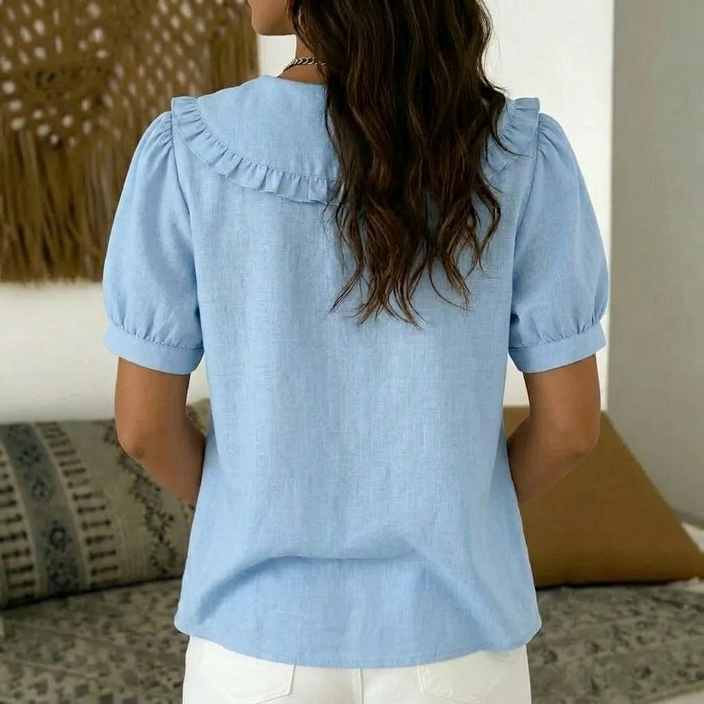 Casual Linen And Cotton Short-sleeve Shirt With Peter Pan Collar