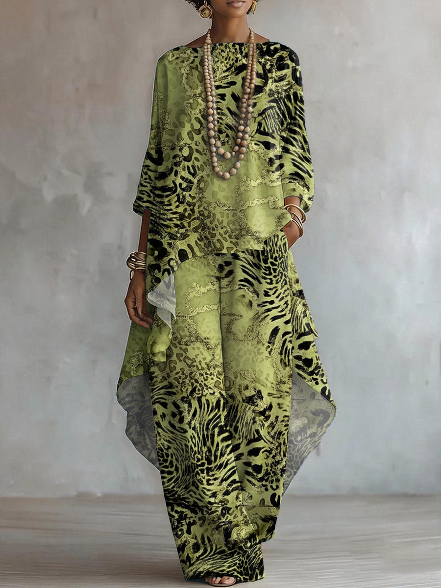 Women's Retro Leopard Art Print Casual Stylish 3/4 Sleeve Cotton Linen Suits