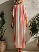 Women's Striped Print Lapel 3/4-sleeve Casual Loose Cotton-linen Dress