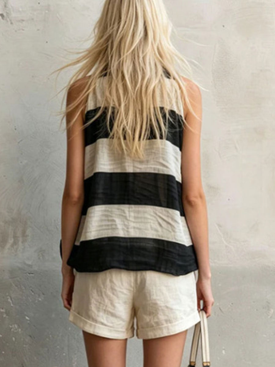 Women's Retro Striped V-neck Sleeveless Chiffon Shirt And White Cotton-linen Shorts Set
