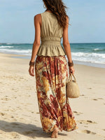 Women's Sleeveless Art Stylish Casual Top And Floral Skirt Two-piece Set