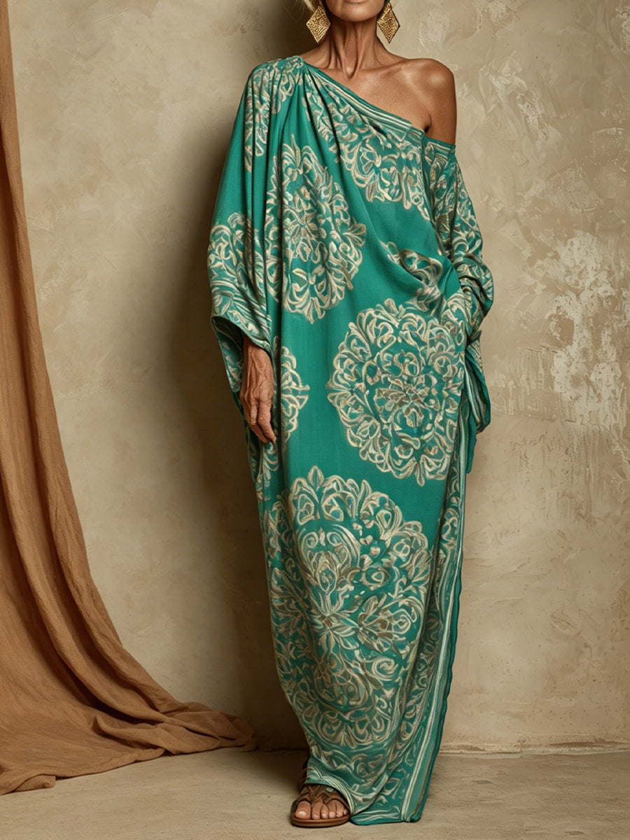 Mandala-print One-shoulder Long Kaftan Dress