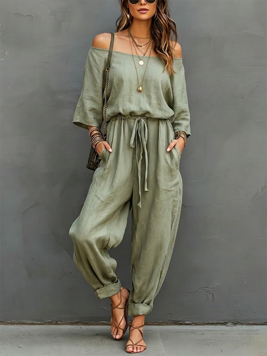 Off-the-shoulder, 3/4-sleeve, Drawstring-waist, Cotton-linen Jumpsuit With Cuffed Ankles