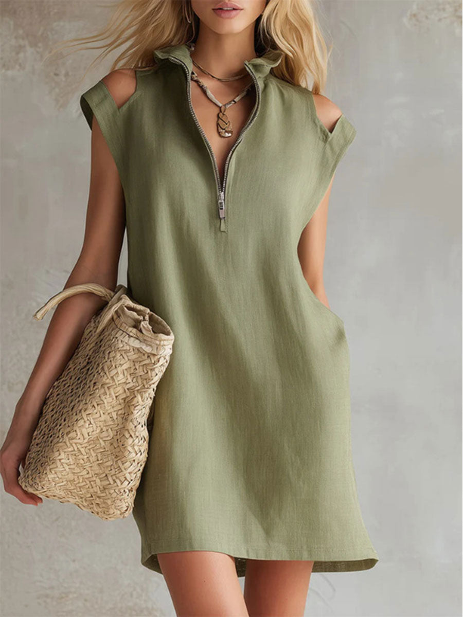 Women's Casual Retro Stand-collar Zip-front Cold-shoulder Sleeveless Dress