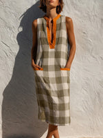 Casual Sleeveless Plaid Linen And Cotton Dress
