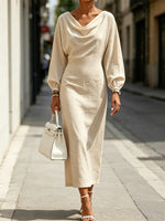 Women's Cowl Neck Art Casual Long Sleeve Cotton Linen Dress