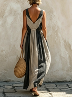 Color-blocked Vertical Stripe V-neck Sleeveless Swing Dress