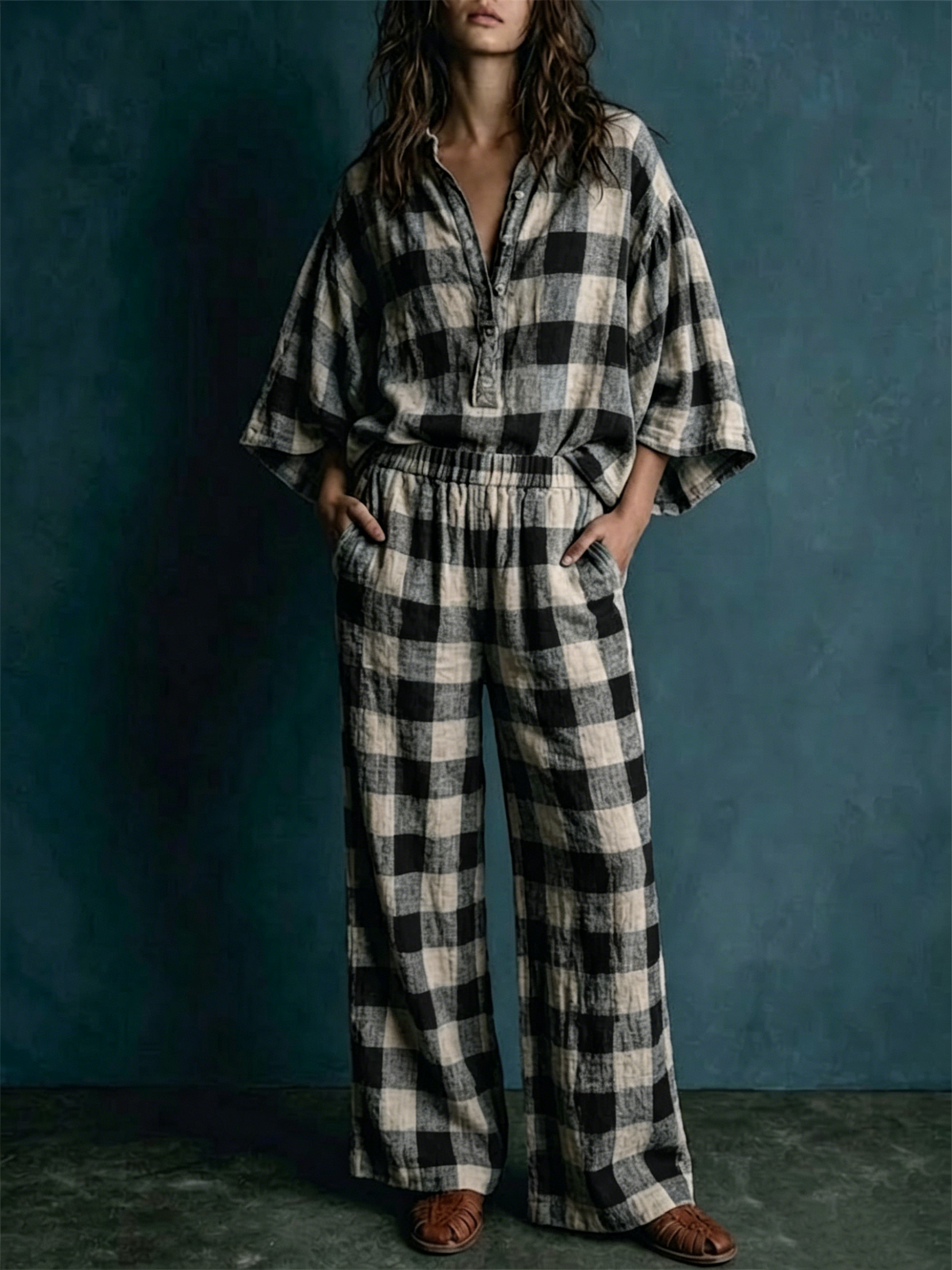 Two-piece Set: Cotton-linen Top With A Partial Button Placket, Plaid Pattern, And Batwing Mid-length Sleeves + Wide-leg Pants With An Elastic Waist.