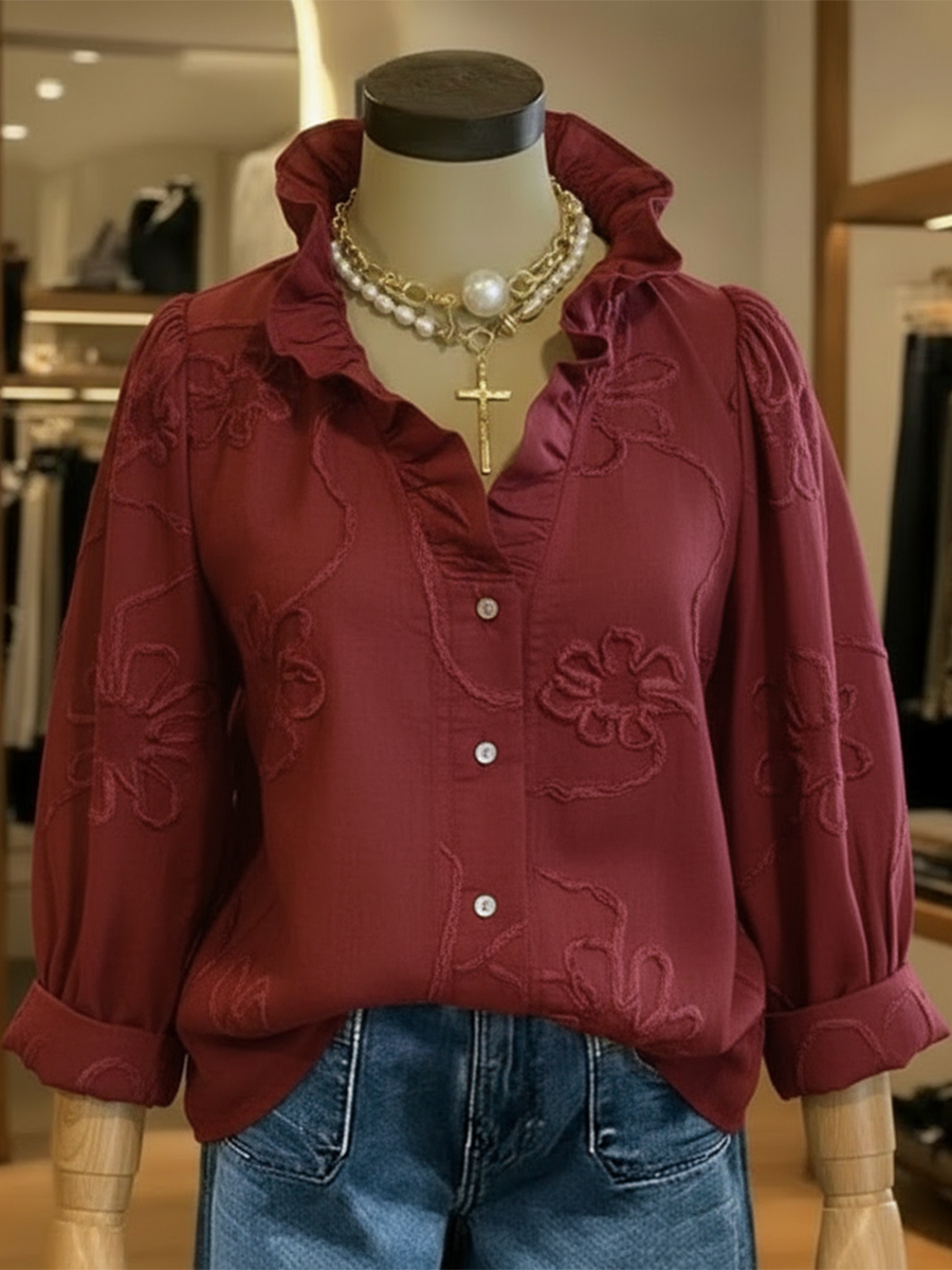 Camicia in cotone casual e romantica con colletto a volant