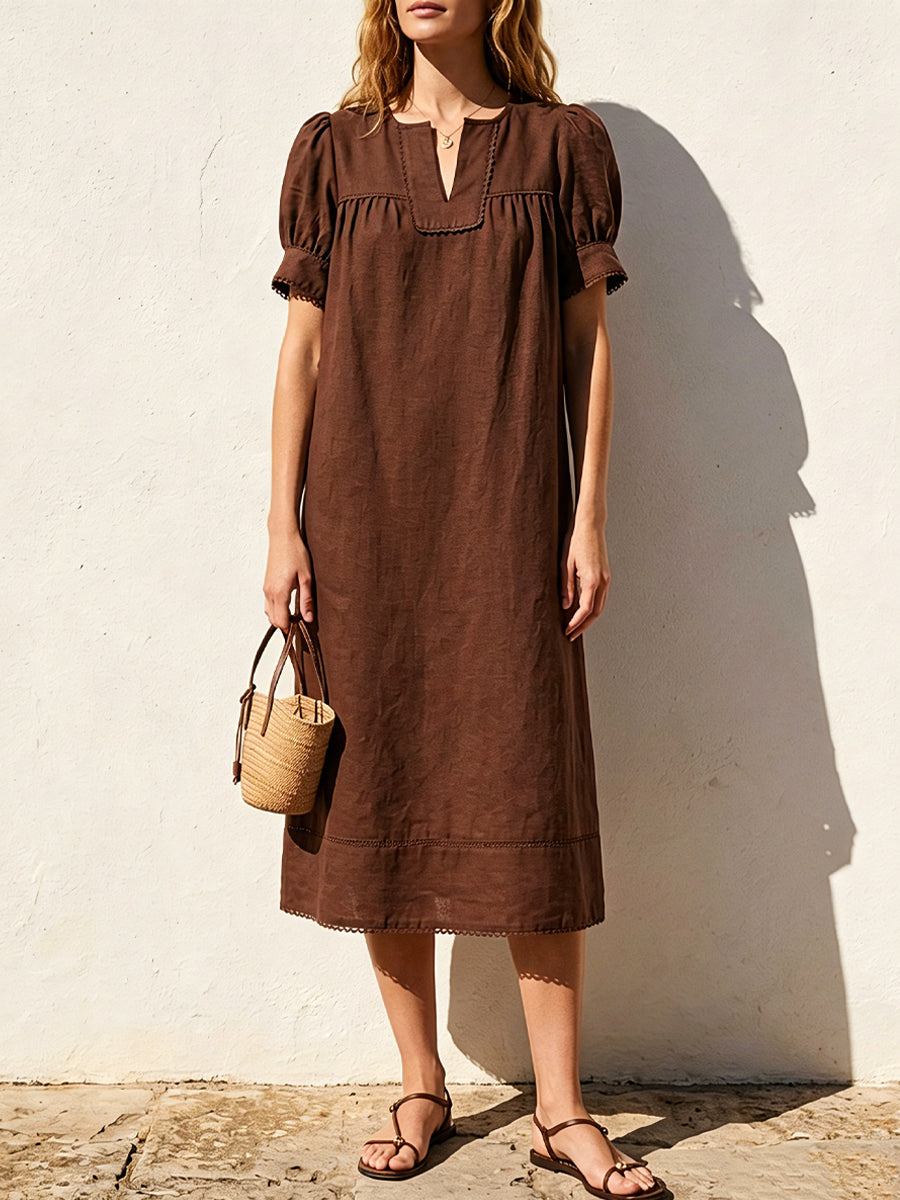 Lace Trim Puff Sleeve Linen Midi Dress