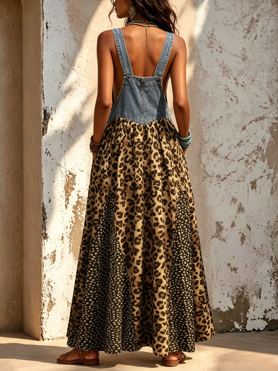 Women's Denim Patchwork Chiffon Leopard Print Suspender Maxi Dress