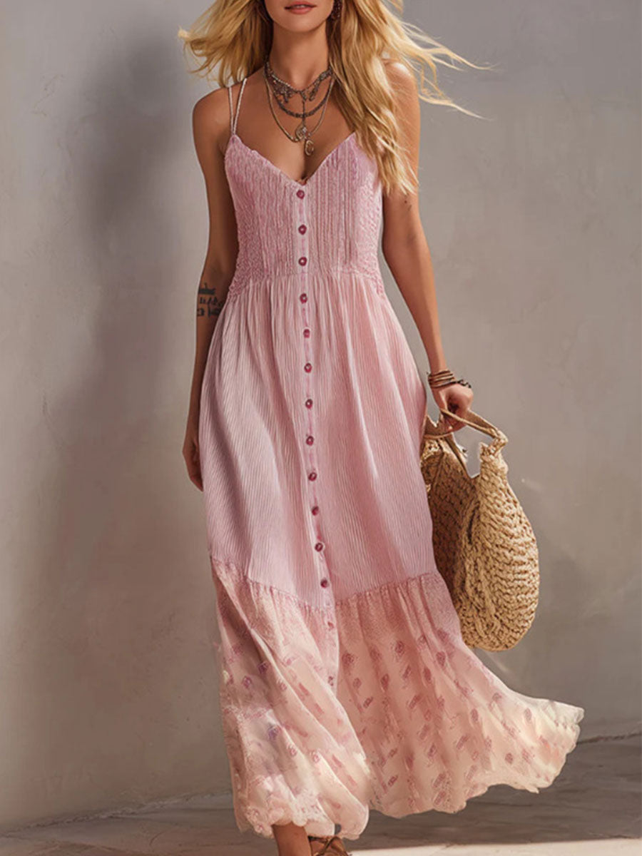 Women's Pink Striped Patchwork Chiffon Printed Maxi Dress With Spaghetti Straps