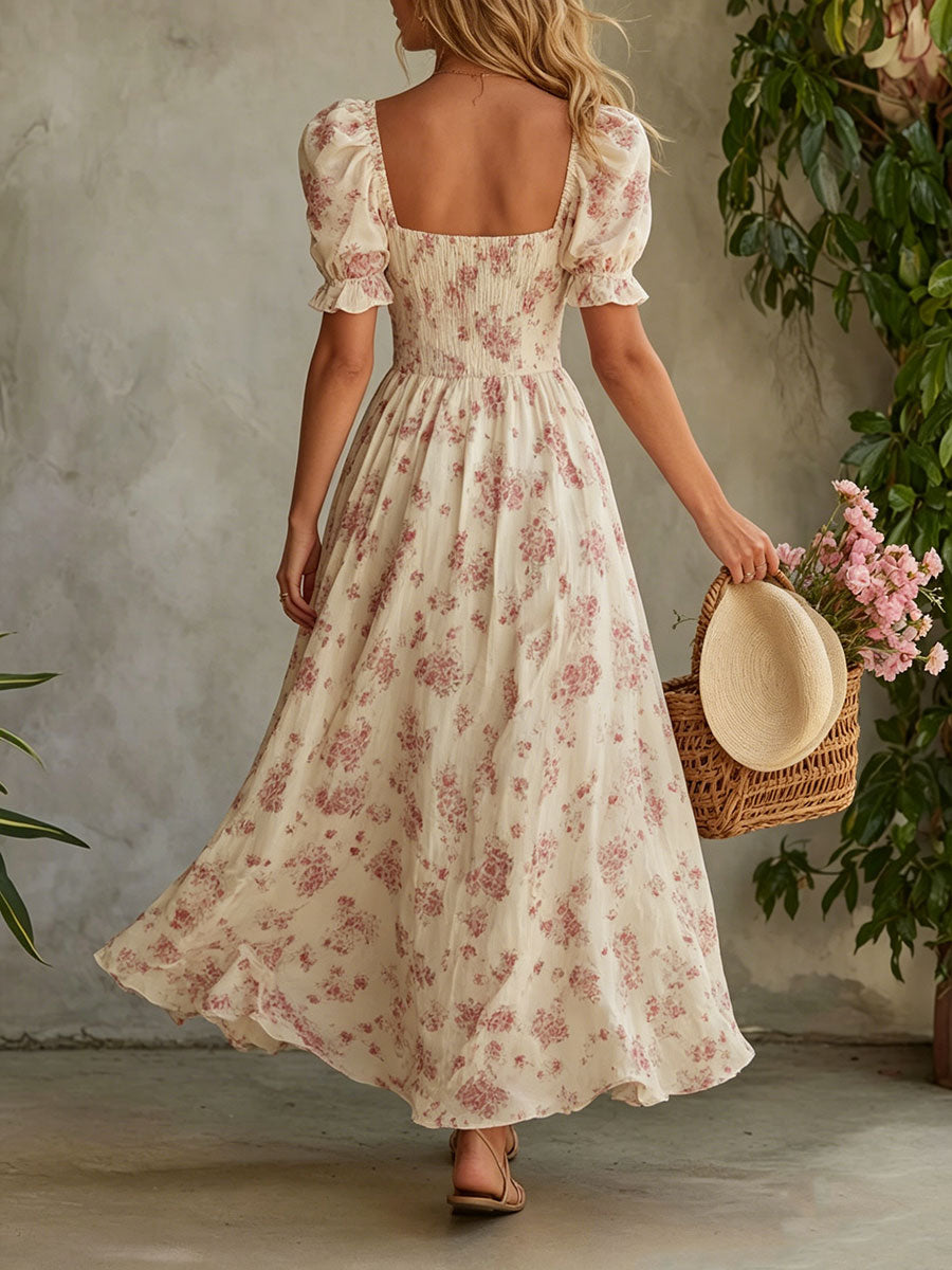 Women's Retro-elegant Pink Floral & Off-white Short-sleeve Square-neck Chiffon Maxi Dress