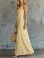 Women's Retro Lapel Light Yellow Cotton-linen Shirt Dress