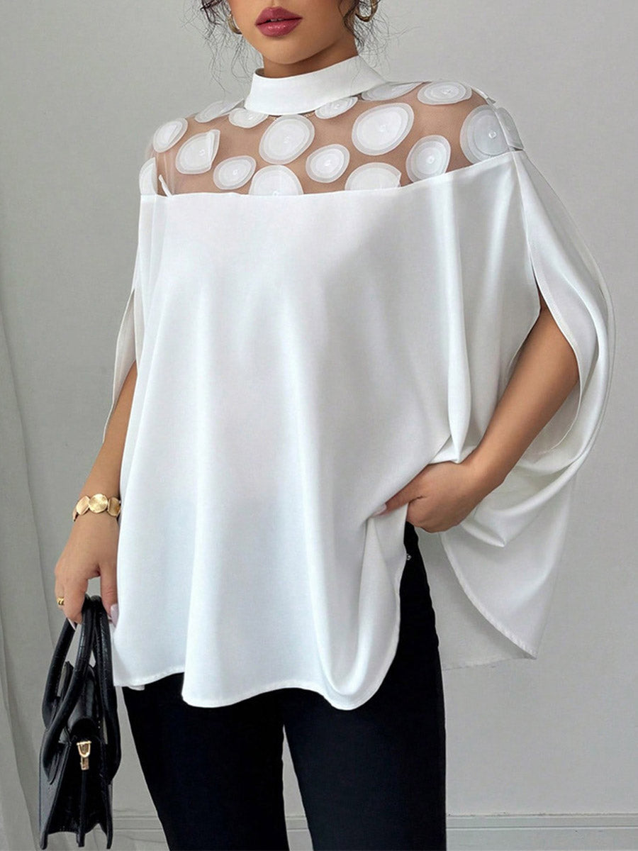 Semi-high-neck Sheer Polka-dot Paneled Loose Batwing-sleeve Top