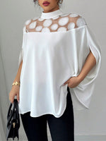 Semi-high-neck Sheer Polka-dot Paneled Loose Batwing-sleeve Top