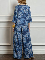 Women's Vintage-print Round-neck 3/4-sleeve Loose-fit Cotton-linen Top & High-waisted Wide-leg Pants Set