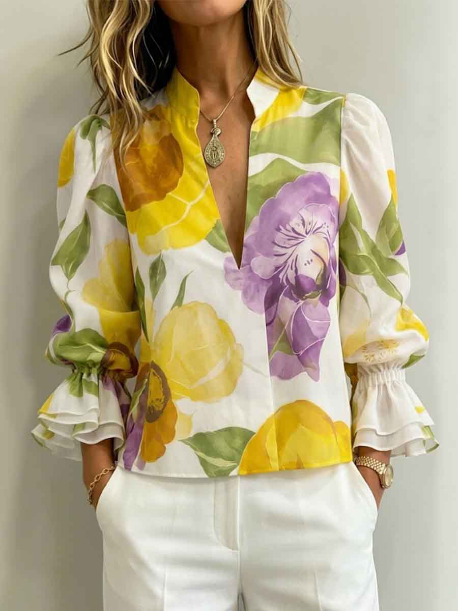 Women's Elegant Floral Print V-neck Ruffled Shirt
