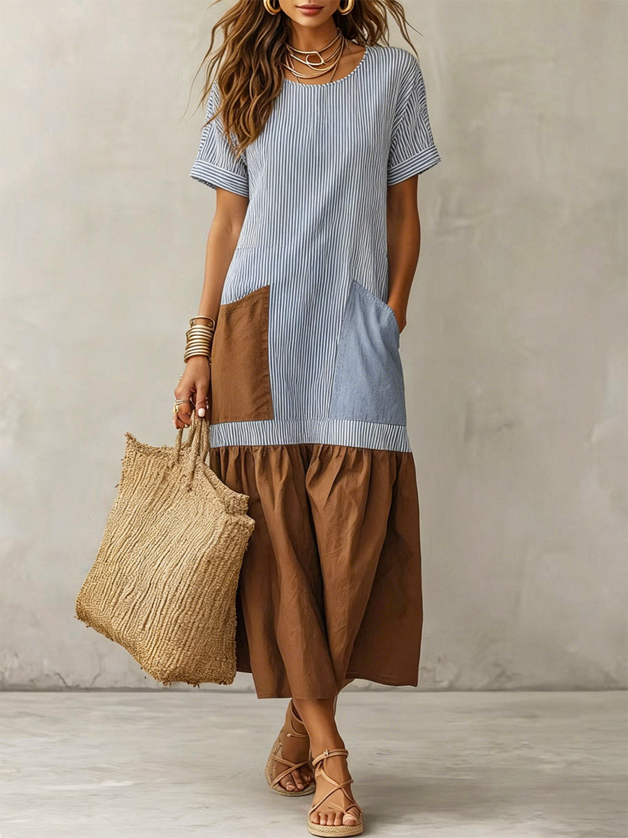 Women's Striped Elegant Art Patchwork Casual Cotton Linen Dress