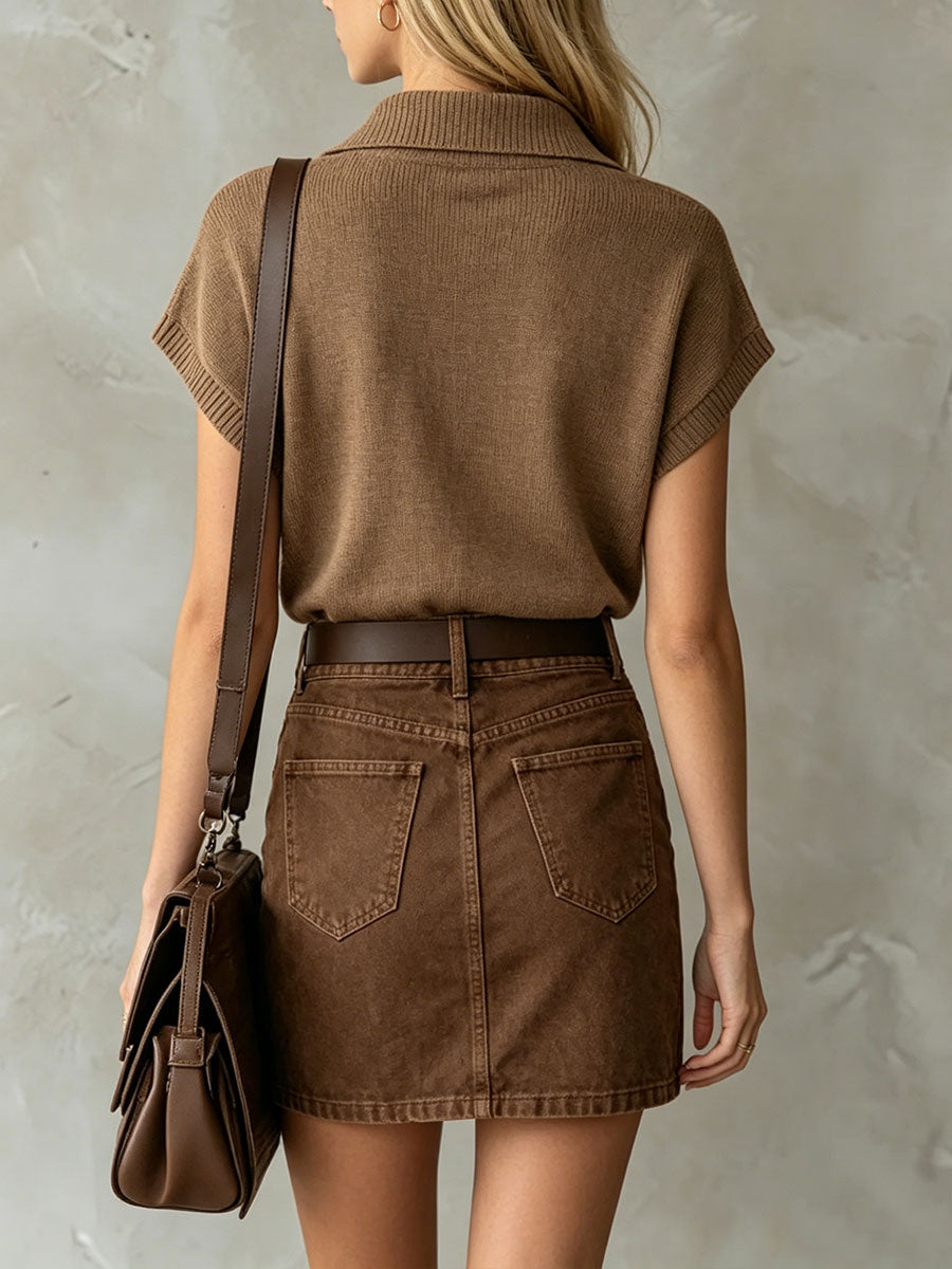 Women's Retro Brown Knitted Short-sleeve Lapel T-shirt And Denim Skirt Set