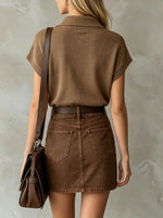 Women's Retro Brown Knitted Short-sleeve Lapel T-shirt And Denim Skirt Set