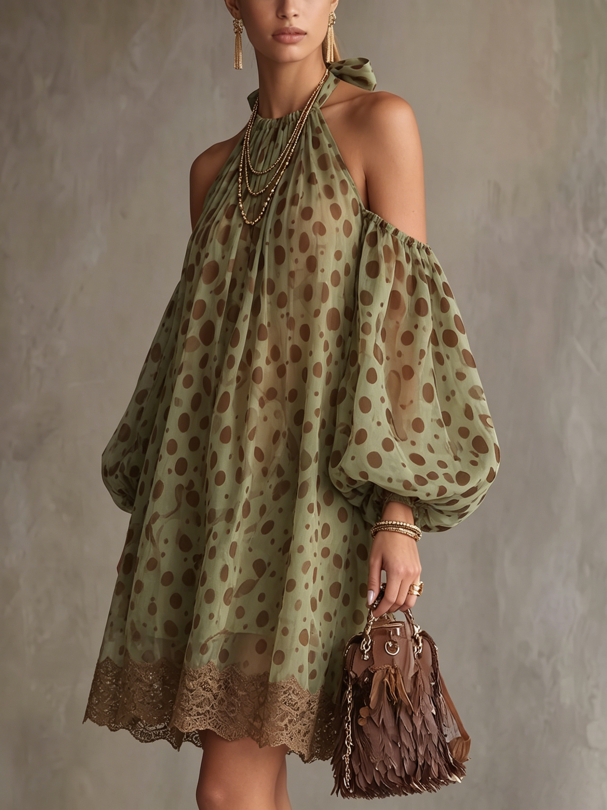 Boho Off-shoulder Halter Polka Dot Print Dress