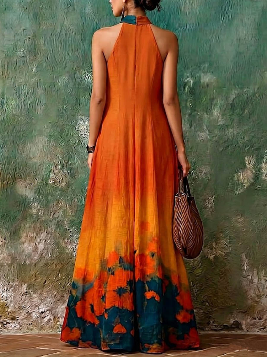Women's Casual Loose Cotton-linen Dress With Placed Print Stand Collar And Sleeveless Design