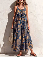Women's Vintage Print Crew Neck Sleeveless Casual Loose Cotton-linen Dress